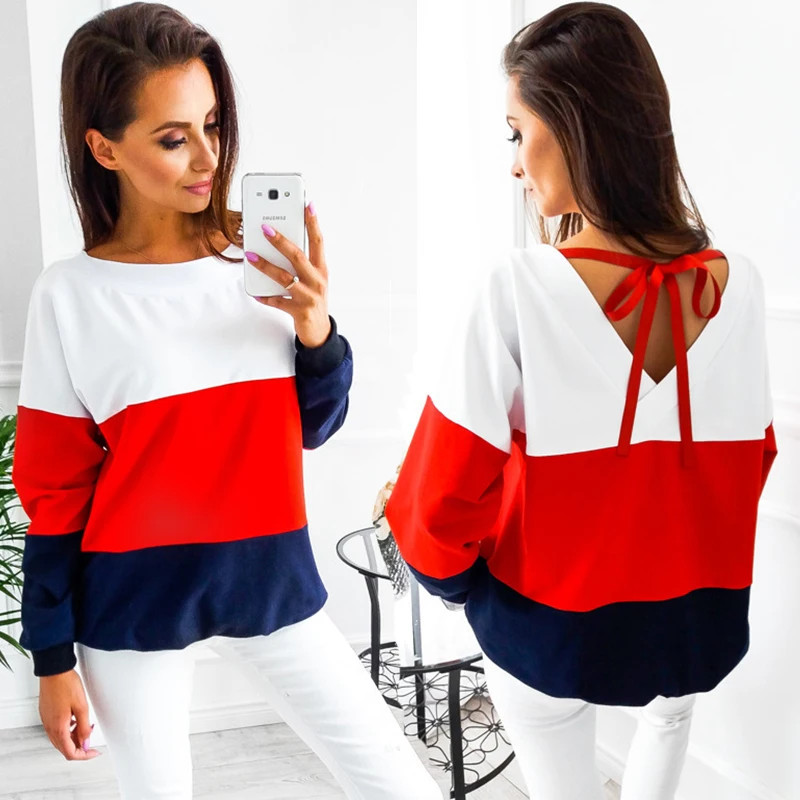 

2018 Autumn Winter O -Neck Long Sleeve Loose Pullovers Back V Collar Warm Blouse Women Knitted Sweatshirts Pull Femme Tops