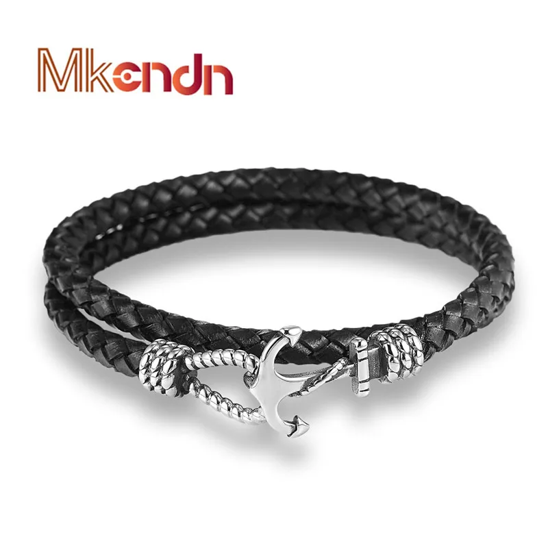 

MKENDN New Arrival Vintage Stainless Steel Charm Leather Bracelet Men Rope Chain Wrap Bracelet Rock Men Trendy Jewelry Pulseras