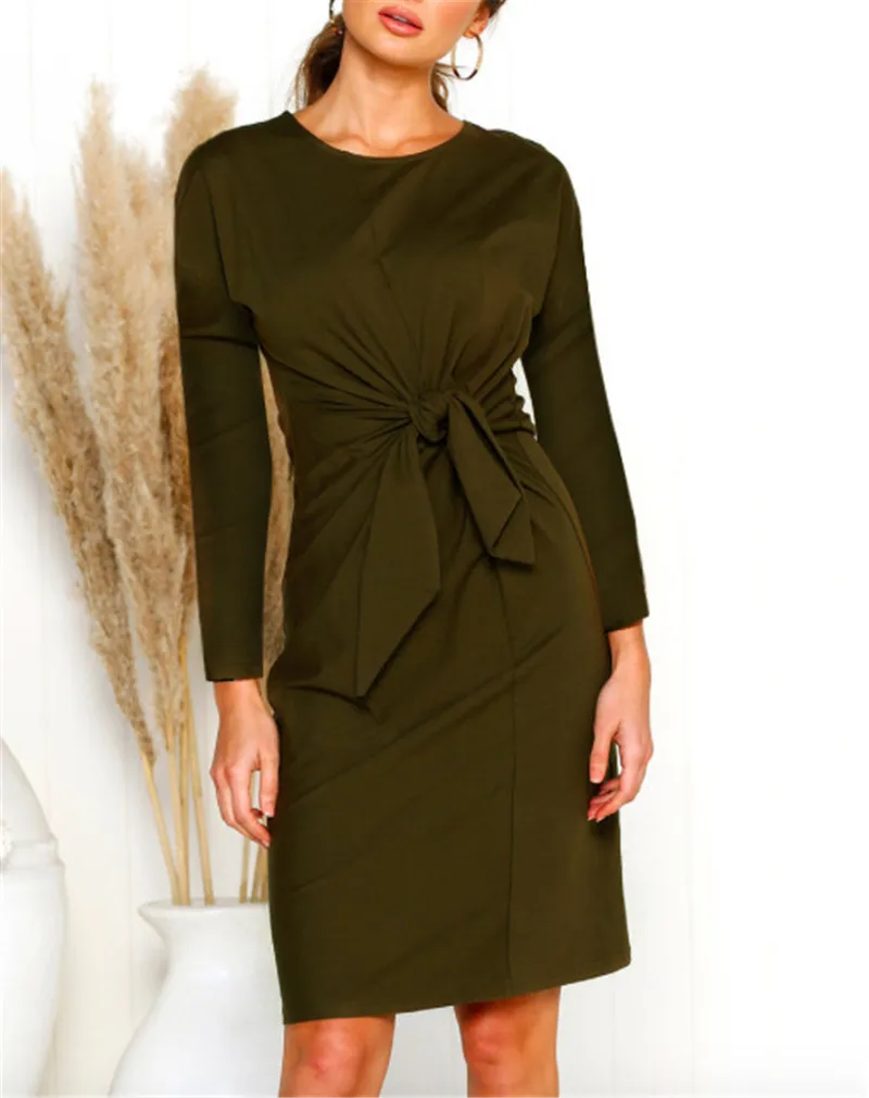 Gladiolus 2018 Autumn Winter Women Dress O-Neck Long Sleeve Front Knot Bow Tie Fashion Midi Women Dress Ladies Casual Dresses  (14)