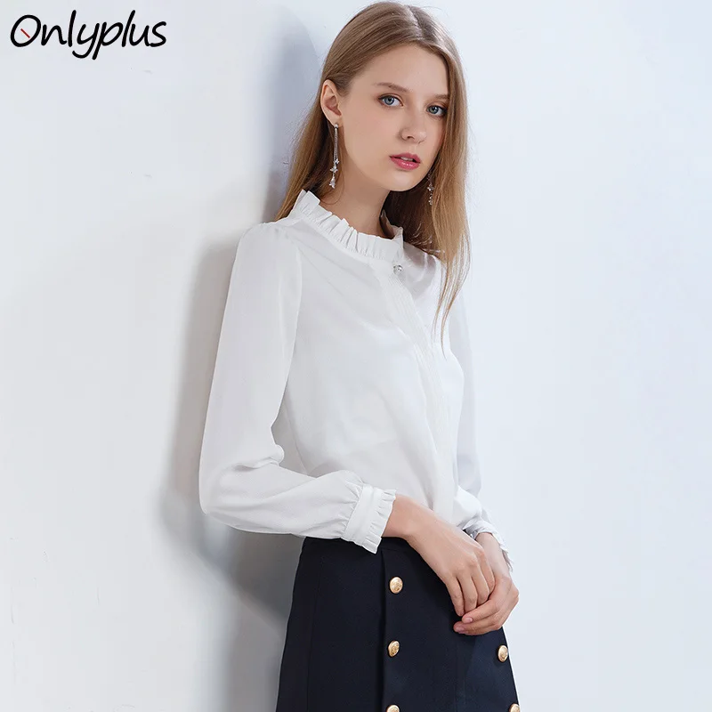 Onlyplus для женщин офиса с длинным рукавом Блузка Леди формальный Волан Тонкий