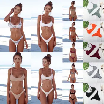 

Women Padded Bra G-string Thong Bikini Swimwear Two Pieces Swimsuit Solid Color