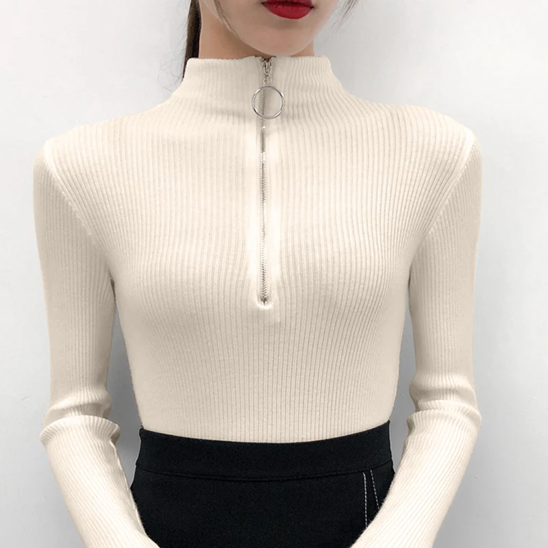 2018 Winter Tops For Women Sweaters And Pullovers Zipper White Knitted Sweater Winter Clothes Long Sleeve Slim Woman Sweaters 