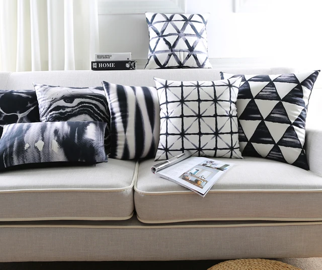 Black And White Cushion Cover Retro Geometric Triangles Stripe Plaids