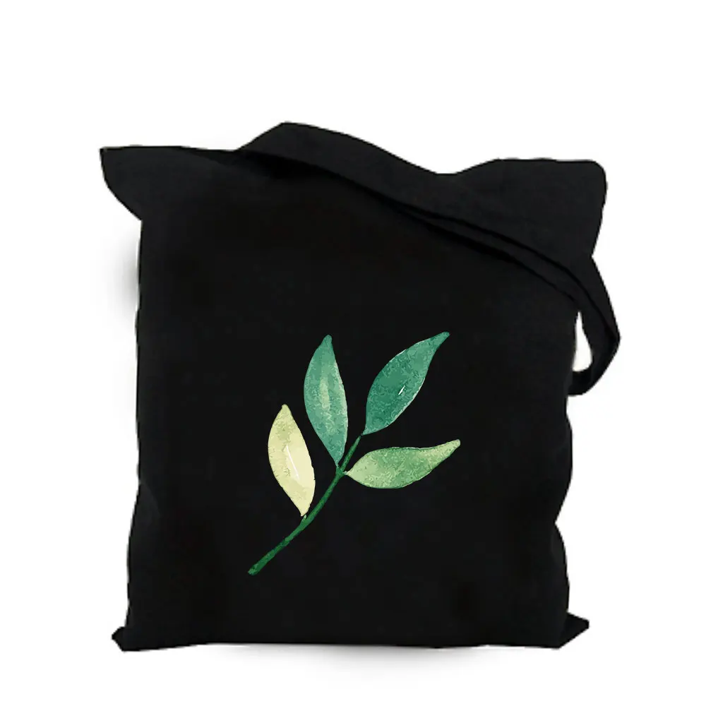 2019 green plant leaf black cotton canvas bag customized eco girl tote bag custom made shopping bags with logo for men or women  (10)