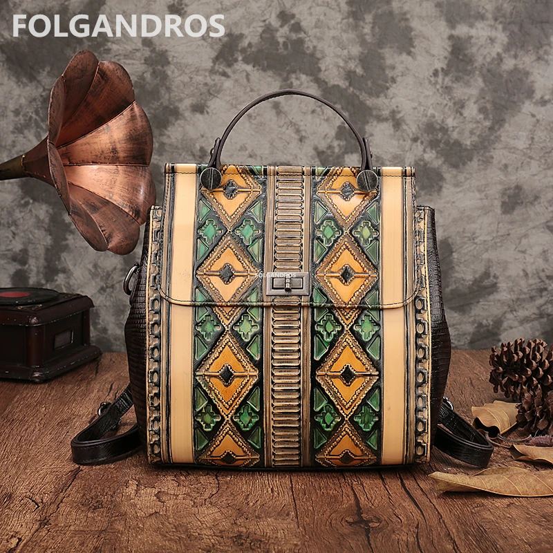 

2018 New Women Genuine Leather Backpack Lady National Patchwork Lock Backpack Brand Designer Handmade Daypack Shoulder Bag Bolsa