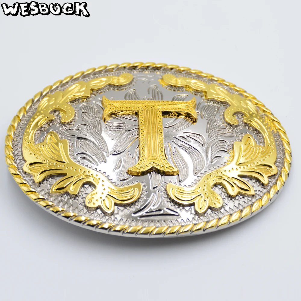 WesBuck Brand Oval 3D Lace Gold T Initial Letter Cowboy Belt Buckle