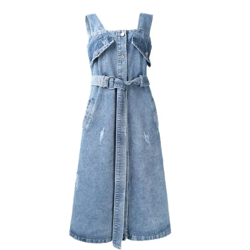 

2018 summer new sleeveless long denim dress high waist strap dress