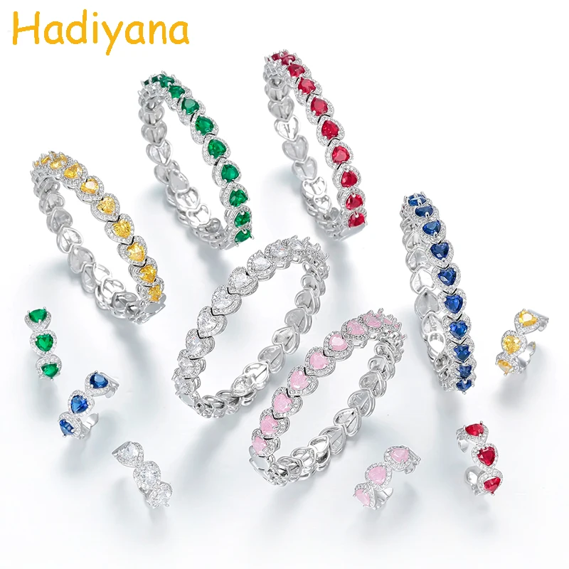 

Hadiyana New Trendy Multi Color Cubic Zircon Bangle Ring Sets Jewelry 2pcs Bangle Ring Set For Women Bridal Wedding Gift SZ209-1