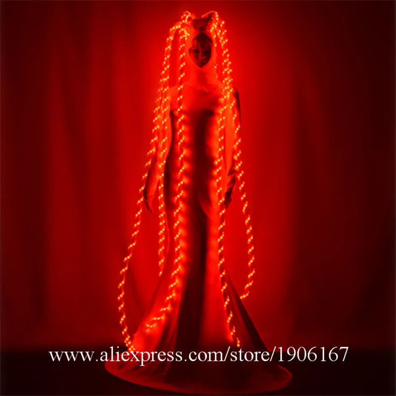 Party wears long dress dj ds show outfits singer performance clothe RGB colorful led costume luminous glowing skirt hairs dj2