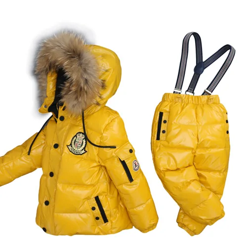 Детская одежда куртка на утином пуху с капюшоном и отстегивающимся мехом для мальчиков и девочек зимнее теплое пальто для маленьких девочек костюм из 2 предметов водонепроницаемый - Цвет: bright yellow