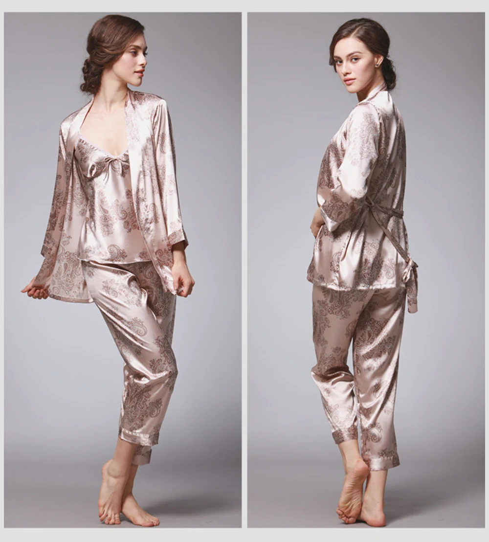 Летний осенний сексуальный женский пижамный комплект, шелковое белье из вискозы, Ночная одежда, халаты, комплект из трех предметов, женские пижамы, брюки, большие размеры 3XL