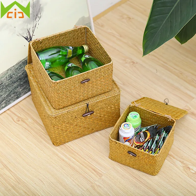 

WCIC Handmade Wicker Storage Box Rattan Wardrobe Clothing Holder Straw Jewelry Makeup Organizer Home Sundries Container with Lid
