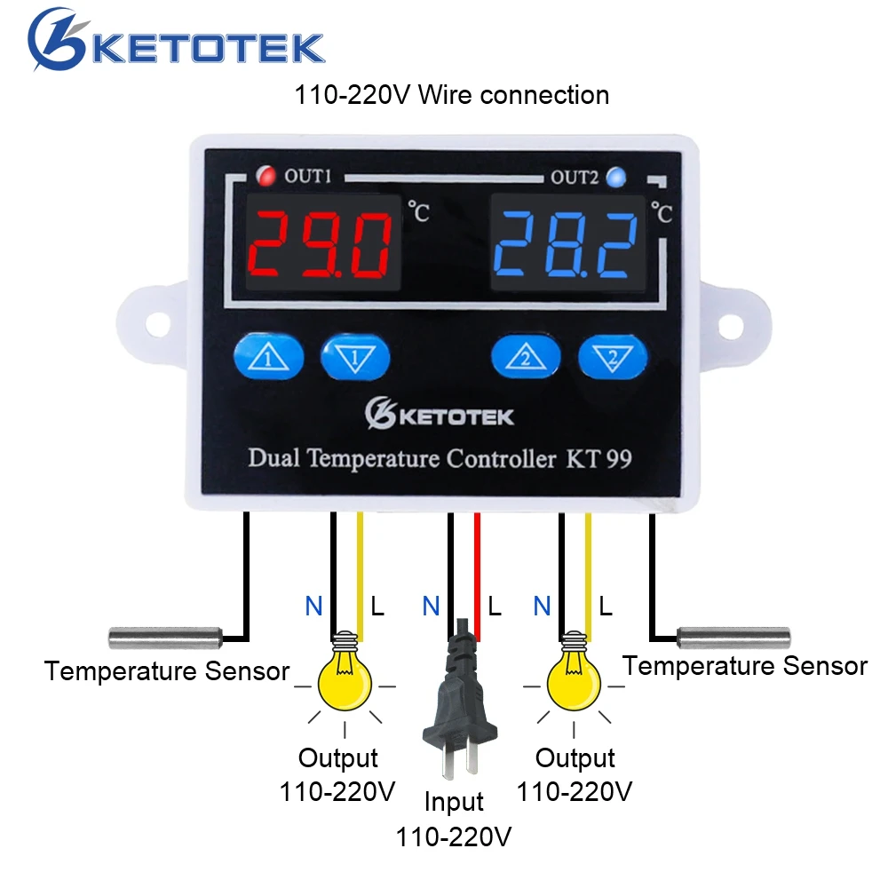AC 110-220V Dual Digital Thermostat Switch Temperature Controller NTC K Sensor 