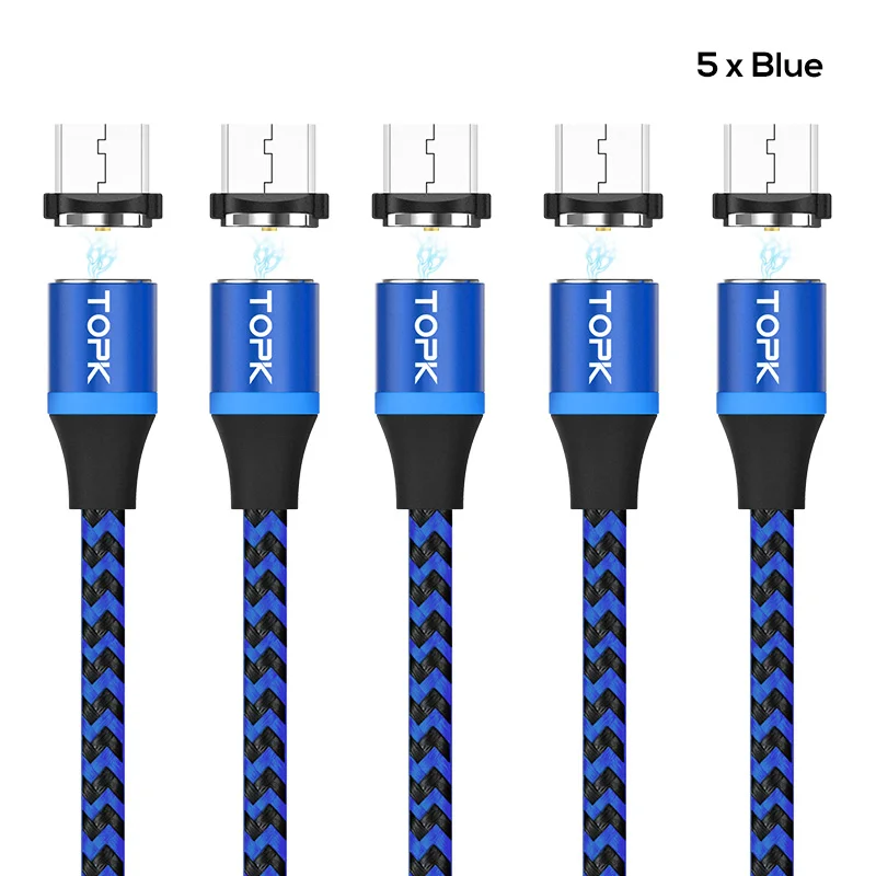 TOPK [5-Pack] RLine-R светодиодный магнитный кабель Micro USB для samsung - Цвет: 5 x Blue Cable