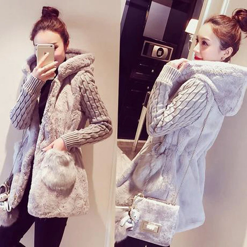 

Women Hooded Winter Warm Jacket Loose Knitted Plush Jacket Winter Thick Outerwear Coat Ladies Casual Coats Pocket