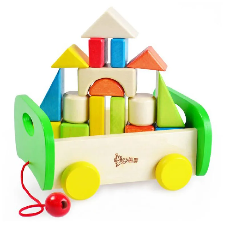 Baby Toys Beech Wood 17Pcs Vehicle Geometric Assembling Building Blocks Infant Trailer Blocks Walker Educational Birthday Gift baby-building-blocks-wooden