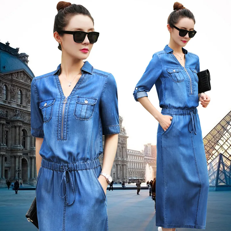 Denim Dress for Womens 2018 Spring Summer Long Jeans Dresses High quality Plus size Slim Female Casual Top Pullover OKXGNZ A1916