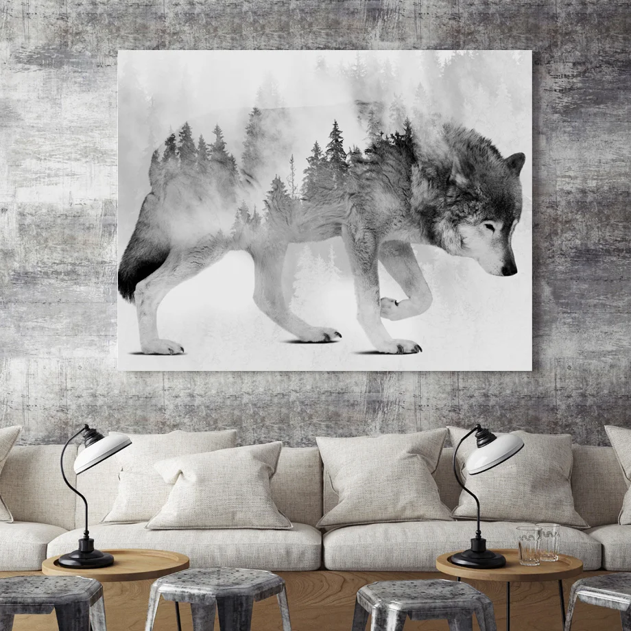 Абстрактный медведь, волк, пейзаж, настенная живопись, холст, скандинавские плакаты и принты, черно-белые настенные картины для декора гостиной