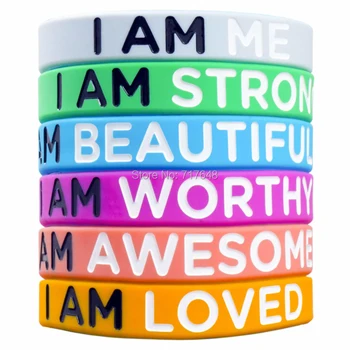 

100pcs I AM ME STRONG BEAUTIFUL WORTHY AWESOME LOVED wristband silicone bracelets free shipping by ePacket A