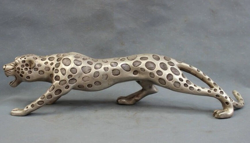 

21" Chinese Silver Folk Feral Ferocious Spotted Leopard Panther Statue Animals
