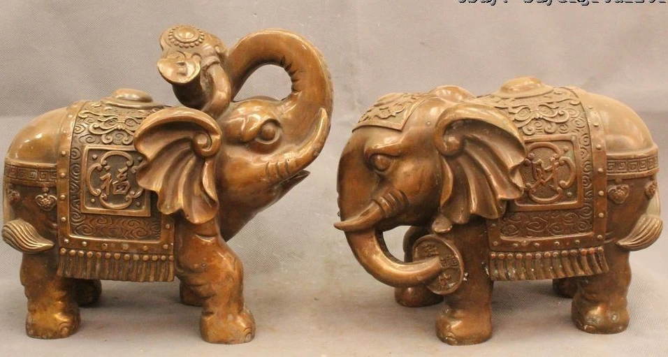 

10" China Feng Shui Bronze Fu Wealth Elephant Auspicious Statue Sculpture Pair