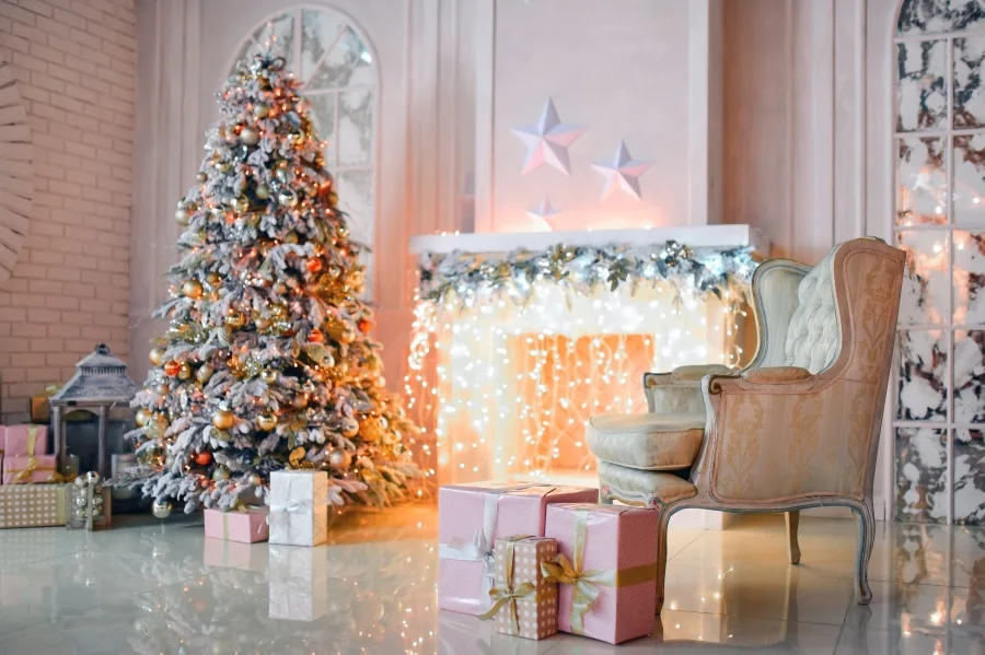 

Laeacco Photography Backdrops Christmas Tree Chic Fireplace Light Bulb Armchair Gift Interior Photo Backgrounds For Photo Studio