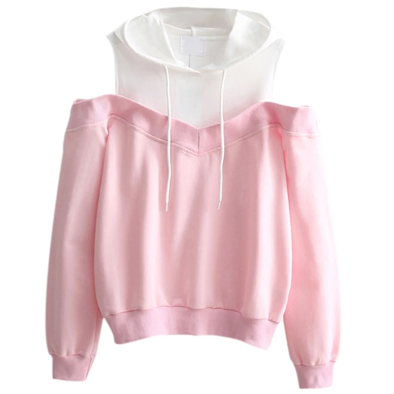 Women Patchwork Sweatshirt Hoodies Cold Shoulder Long