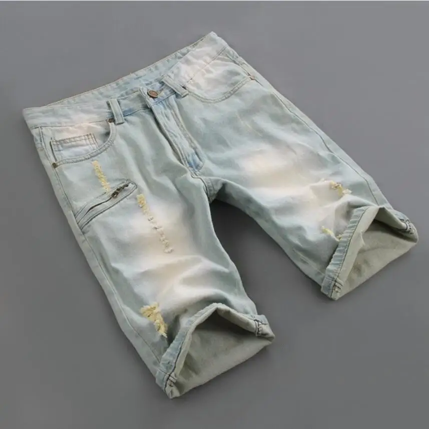 Новые модные мужские рваные короткие джинсы Узкий крой, на лето хлопковые дышащие шорты джинсовые шорты Ретро стиль облегающие шорты