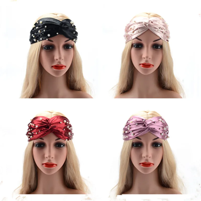 

Женские аксессуары для волос 2018, широкие повязки на голову с жемчугом, модный тюрбан с перекрестным узлом, вязаная головная повязка для спа, Женская эластичная повязка на голову