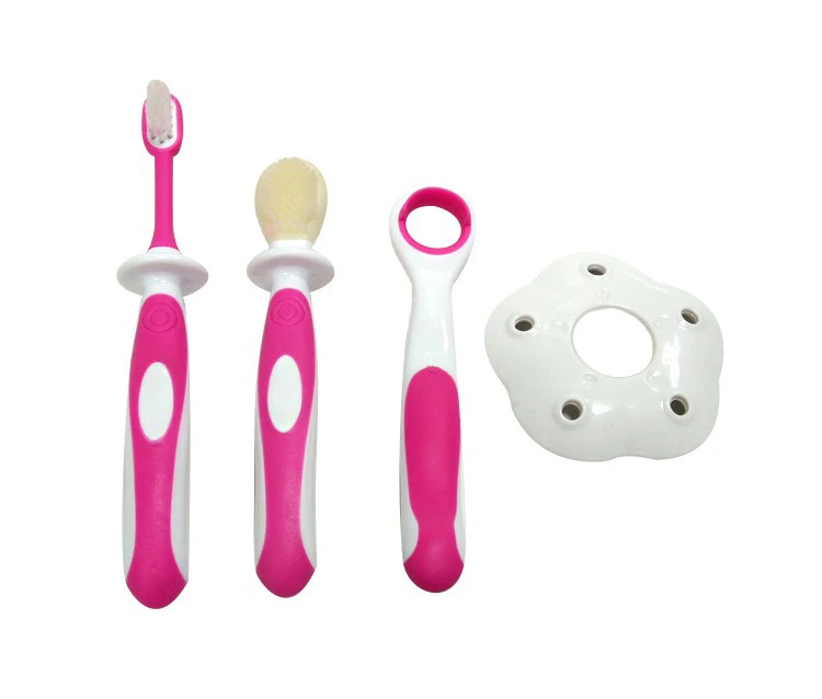 Многофункциональная детская ступенчатая зубная щетка набор силиконовый Прорезыватель-щетка для зубов кисть для языка младенческое Стоматологическое очищение и массаж тренировочные щетки - Цвет: pink