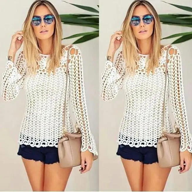 

2019 Summer Women Long Sleeve Lace Bikini Cover Up Hollow Out Crochet Beach Tunics Swimsuit Beach Pareos Fishnet Knitted Blouse
