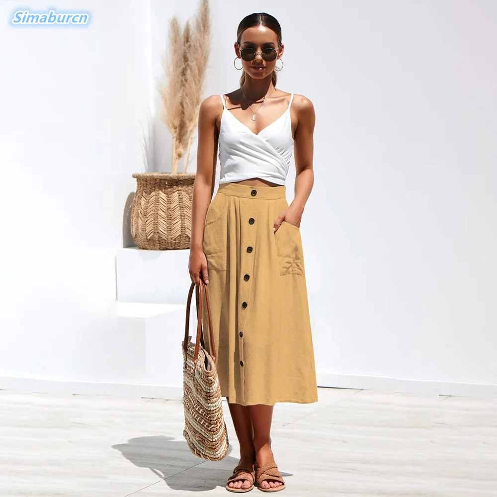 

Spring Summer Solid Color Long Skirts Womens 2019 Casual A-Line Pockets Skirt Female Loose Yellow Beach Skirts Vestidos S~XL