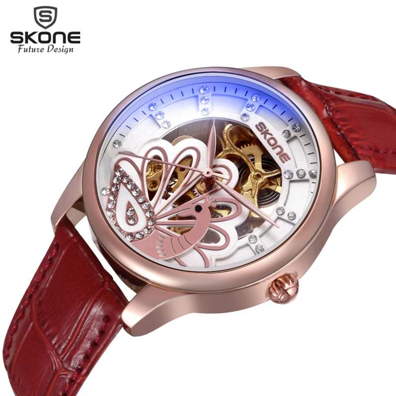 

SKONE Brand peacock Texture Womens Automatic SelfWind Mechanical Watch Leather Lady Fashion Clock Female relogio feminino 2017