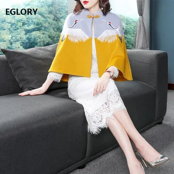 

Cape Poncho Coat 2018 Autumn Winter Wool Jacket Women Cute Birds Embroidery Single Button Casual Wool Blend Coat Outerwear Femme