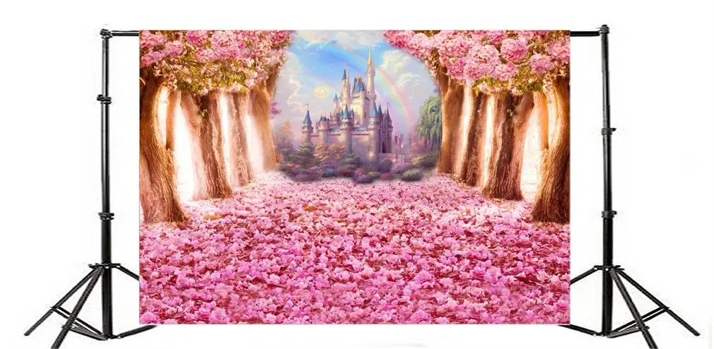 

Photography Backdrop Falling Petal over Romantic Tunnel Pink Flower Trees Castle