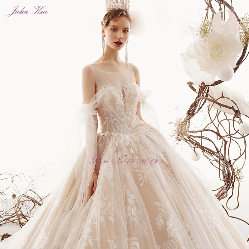 Julia Kui Beauty Appliques Lace Scoop Ball Gown Wedding Dress Beaded Pearl Crystal Chic Tiered Tulle Long Train Bride Gown