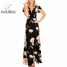 Vintage women summer BOHO floral print split A-line dress short sleeve high waist deep V-neck chiffon belt maxi vestidos party