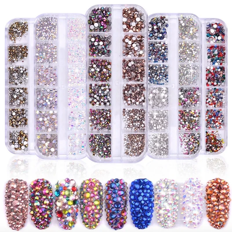 

1 Box 1440 pcs Multi Size Glass Mixed Colors 3d Nail Art Rhinestones Flat-back AB Crystal Strass 3D Manicure DIY Charm Gems