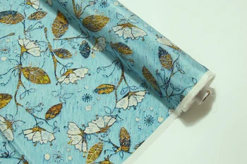 

0.5meter blue leaf silk crepe DE chine cotton and linen fabrics print fabric for skirt dress 1pc= 50*130cm