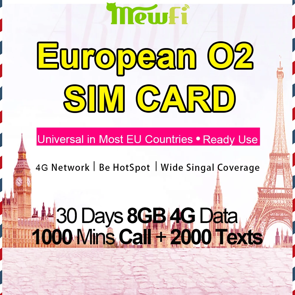 Mewfi предоплата Европа Путешествовать Сим карта 30 дней 8ГБ данных 4G + 1000 минут