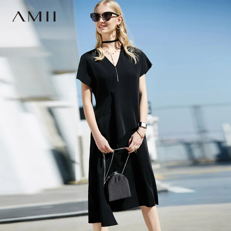 

Amii Women Office Lady 2018 Summer Dress Elegant Ruffles V Neck Female Dresses