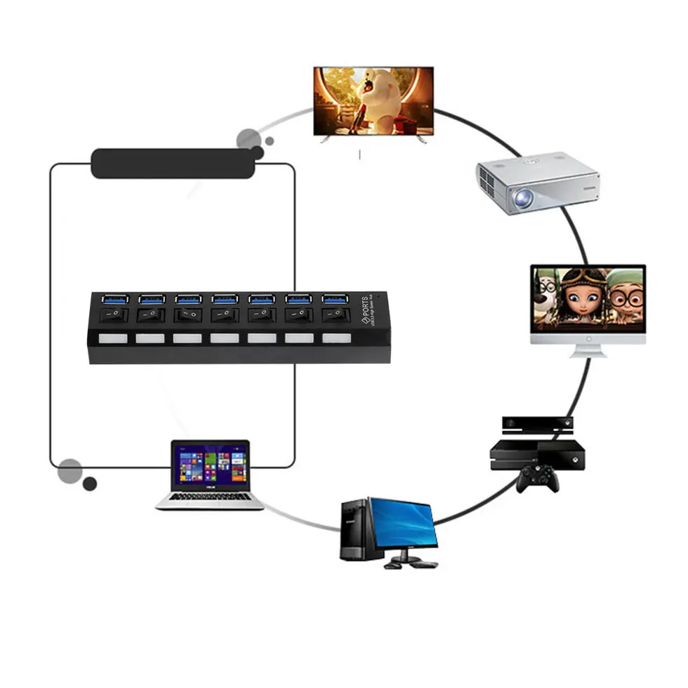 

10PCS 7Ports USB 3.0 Hub with On/Off Switch US AC Power Adapter for PC Laptop