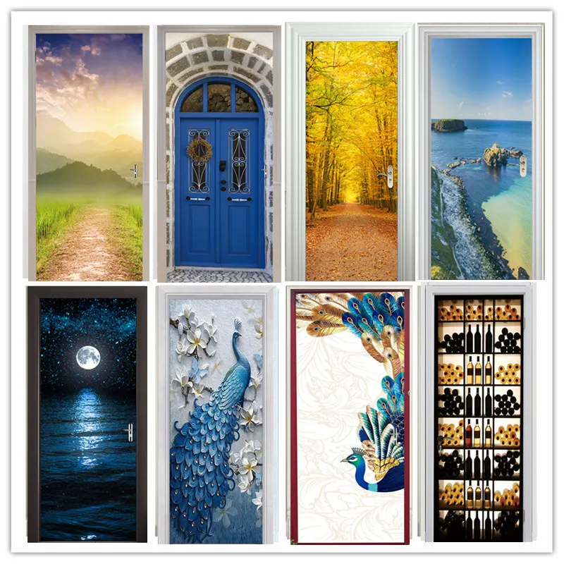 

77x200cm 3D DIY Door Sticker For Living Room Bedroom Beautiful Landscape Wallpaper Home Decor Waterproof Adhesive Mural Decal