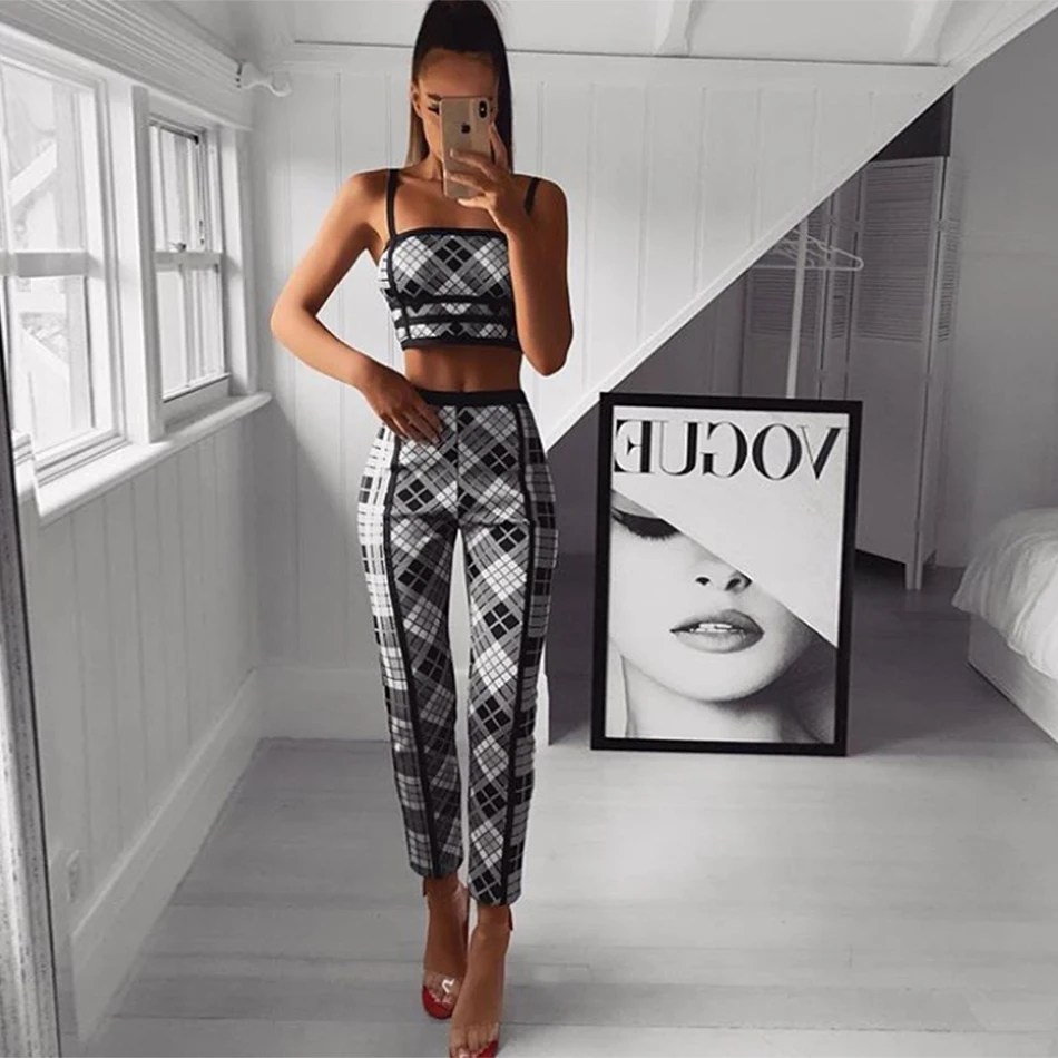 

Summer new women's two-piece bandage ladies set 2019 sexy plaid camisole & pencil pants 2 piece bodycon party set