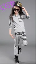 New children sportswear suit Girls striped sweatshirt suits Set Hooded tops + pants two-piece Kids tracksuit fashion letter Q15