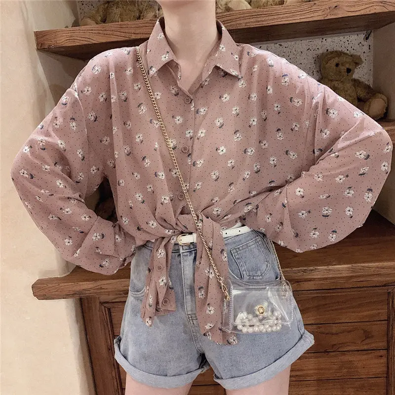 

Autumn Korean Long Sleeve Ladies Blouses Women Cardigan Vintage Flower Print Button Up Shirts Feminine Chiffon Pink Floral Tops