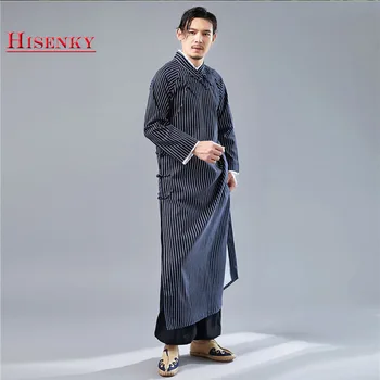 

Hisenky Spring Autumn X-Long Tang Suit Jacket Traditional Chinese Long Shirts Robe Cotton Linen Stripe Hanfu Camisa Masculina