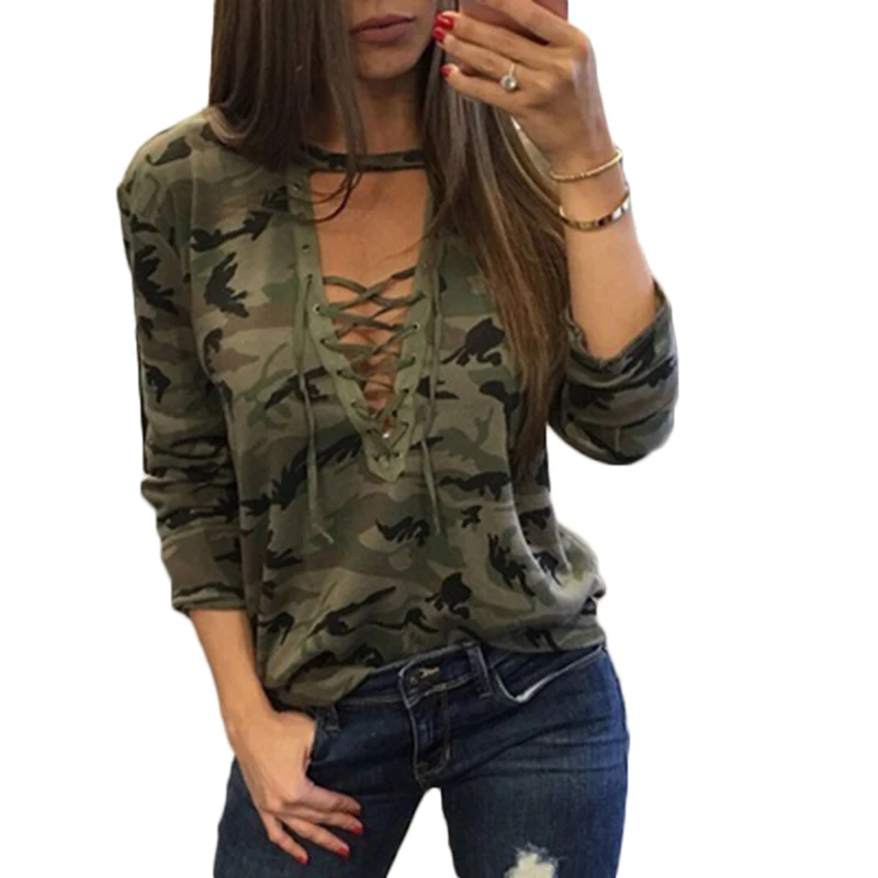

MoneRffi 2018 Spring T-Shirt Casual Loose Long Sleeve Camouflage Printed Basic Tee Shirt Sexy V neck Women Tops Plus Size Hot