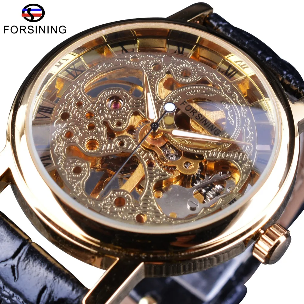 

Forsining 2017 Retro Skeleton Clock Mechanical Hand Wind Watches Black Band Transparent Case Men's Wristwatches Luminous Hands