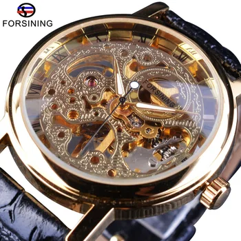 

Forsining 2017 Retro Skeleton Clock Mechanical Hand Wind Watches Black Band Transparent Case Men's Wristwatches Luminous Hands